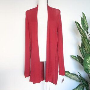 Eileen Fisher Maroon Red Silk / Organic Cotton Ribbed Knit Open Front Cardigan M